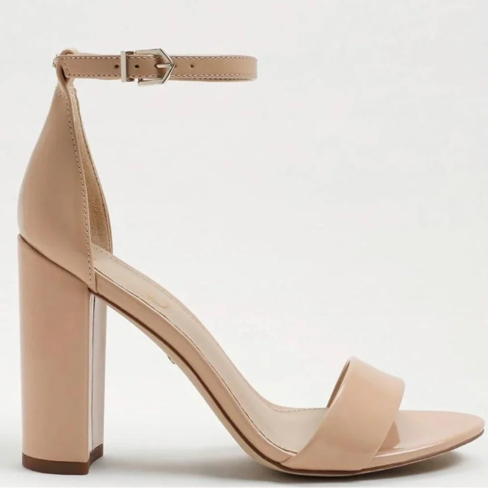 NIB Sam Edelman Yaro Ankle Strap Block Heel Sandals in Patent Beige Blush - Picture 3 of 13